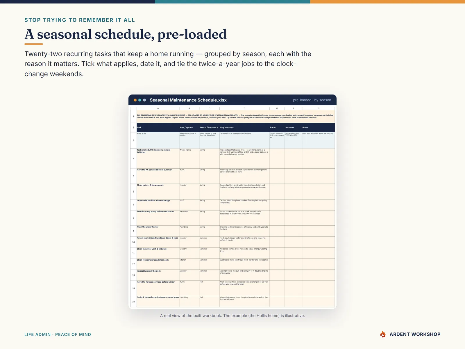 Home Maintenance & Warranty Log — the Seasonal Maintenance Schedule pre-loaded with recurring tasks by season