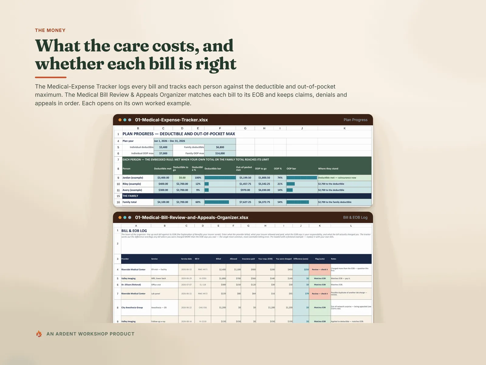 The money — the Medical-Expense Tracker's deductible and out-of-pocket progress and the Medical Bill Review & Appeals Organizer's Bill & EOB Log