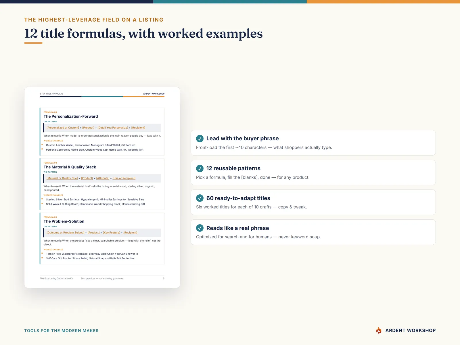 Etsy Listing Optimization Kit — 12 title formulas with worked examples