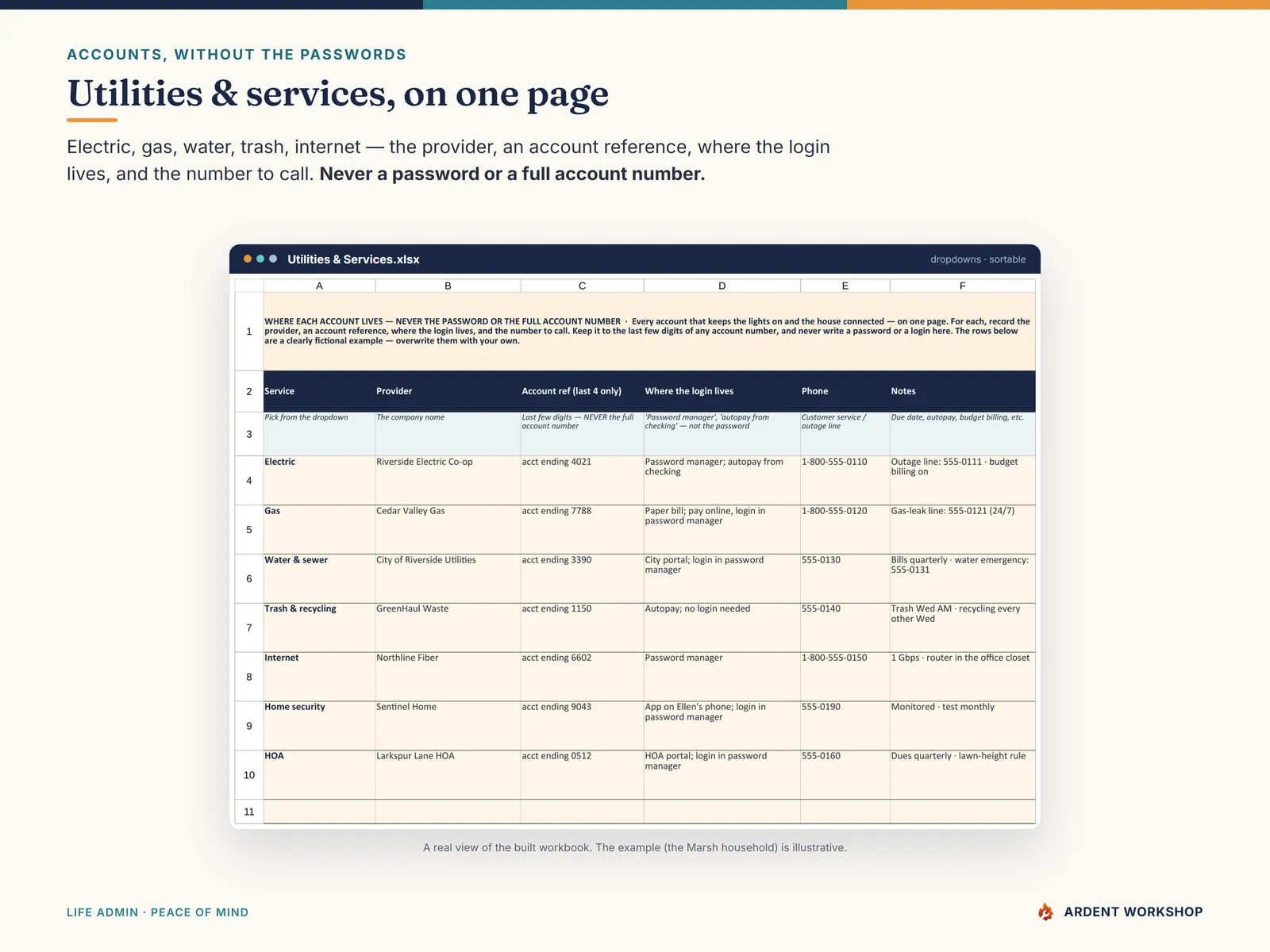 Household Operations Manual — the Utilities & Services tab for providers, account references, and who to call
