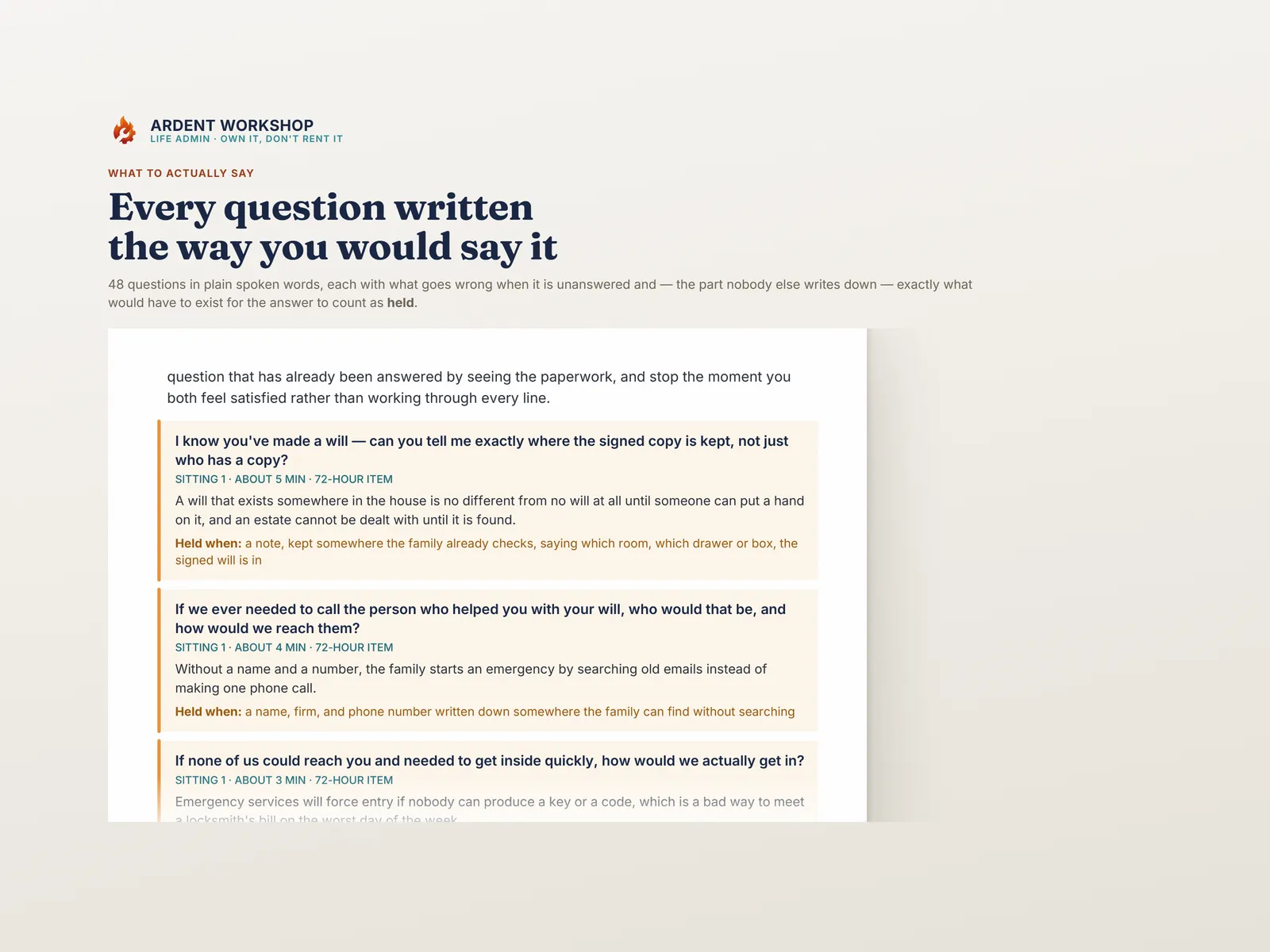 A page of the playbook showing questions written in plain spoken words with what would make each answer held