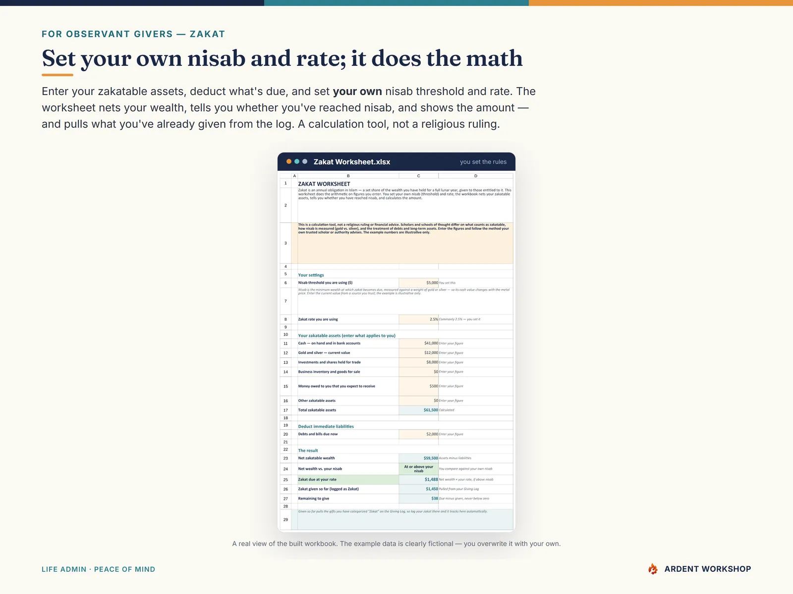 Zakat Worksheet — set your own nisab and rate; it nets your zakatable wealth and calculates the amount