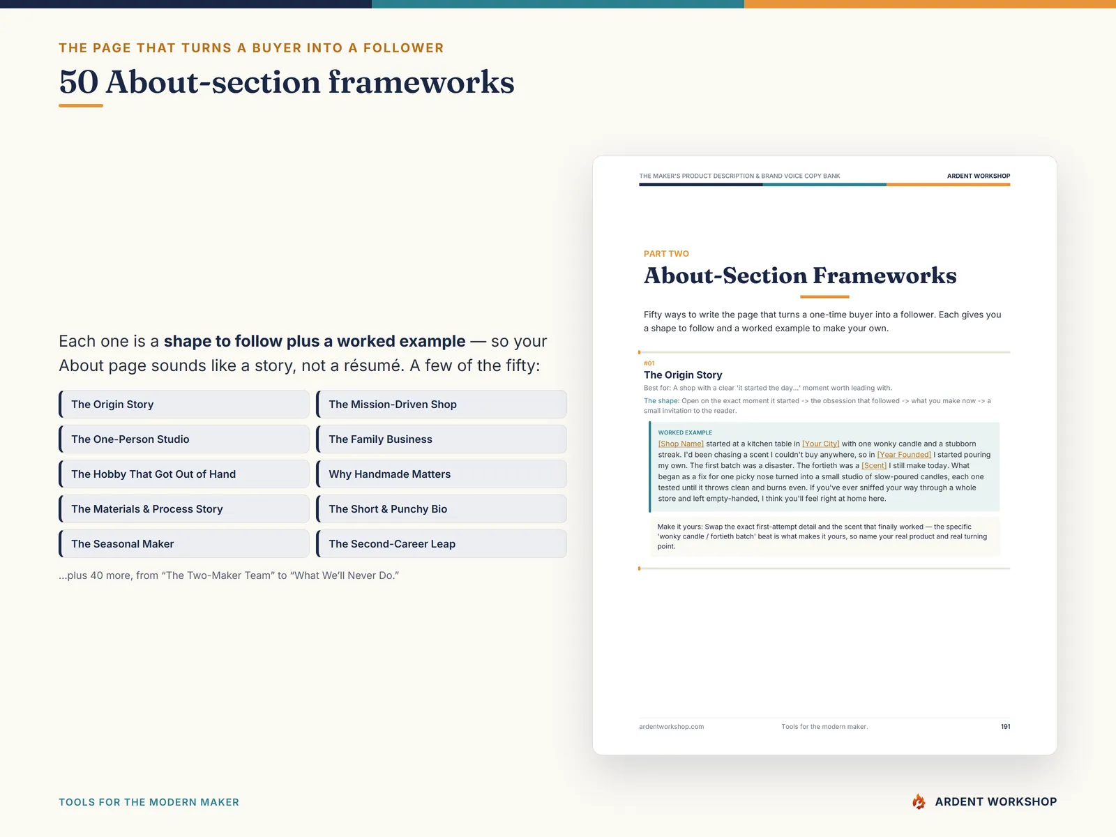 Maker's Product Description & Brand Voice Copy Bank — 50 About-section frameworks