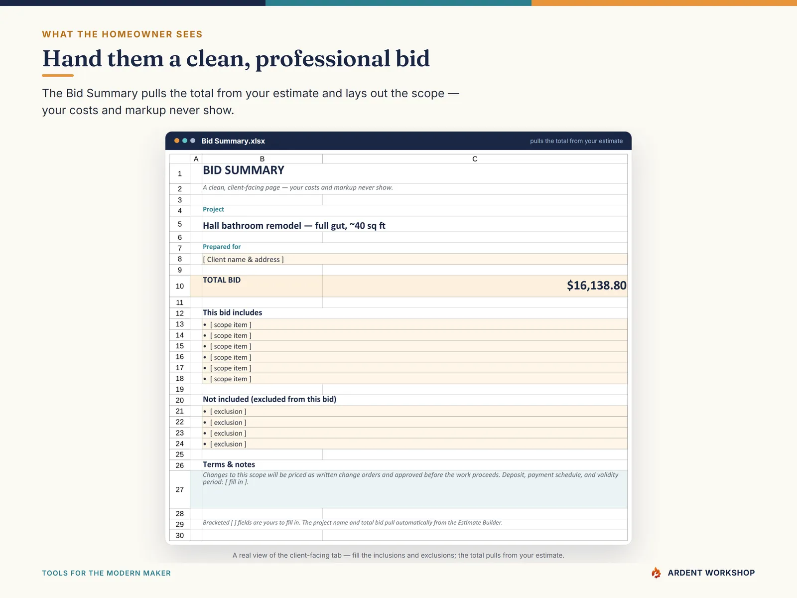 Contractor & Trades Estimating Workbook — the client-facing bid summary
