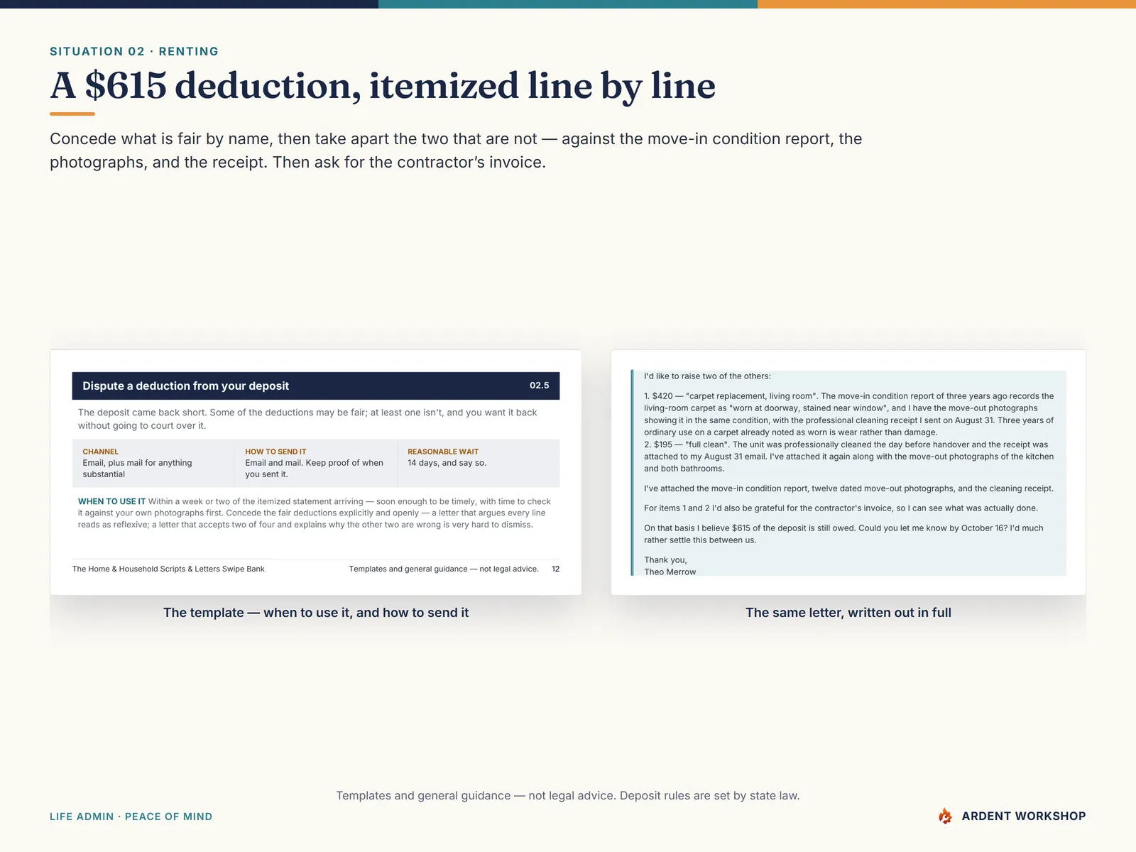 The security deposit dispute template beside the same letter written out in full, itemized line by line