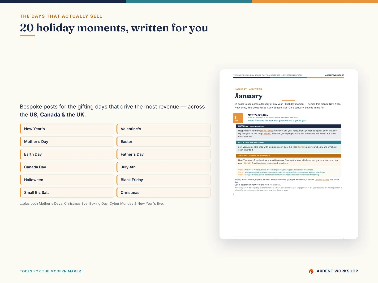 Maker's 365-day Social Media Caption Calendar — 20 holiday moments
