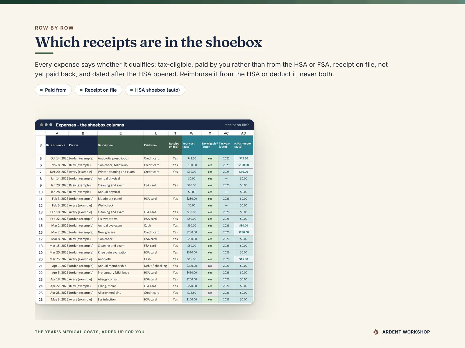 Expenses - the shoebox columns: paid from, receipt on file, your cost, tax-eligible, tax year and the HSA shoebox amount per row