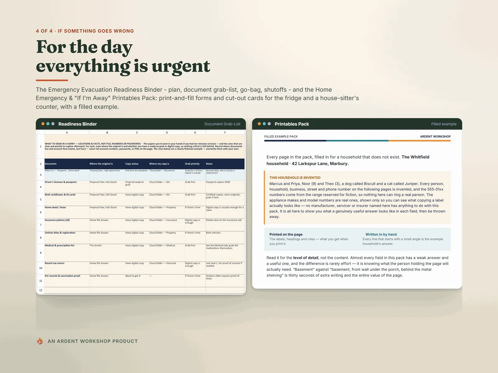If something goes wrong — the Emergency Evacuation Readiness Binder's document grab-list and a filled page from the printables pack