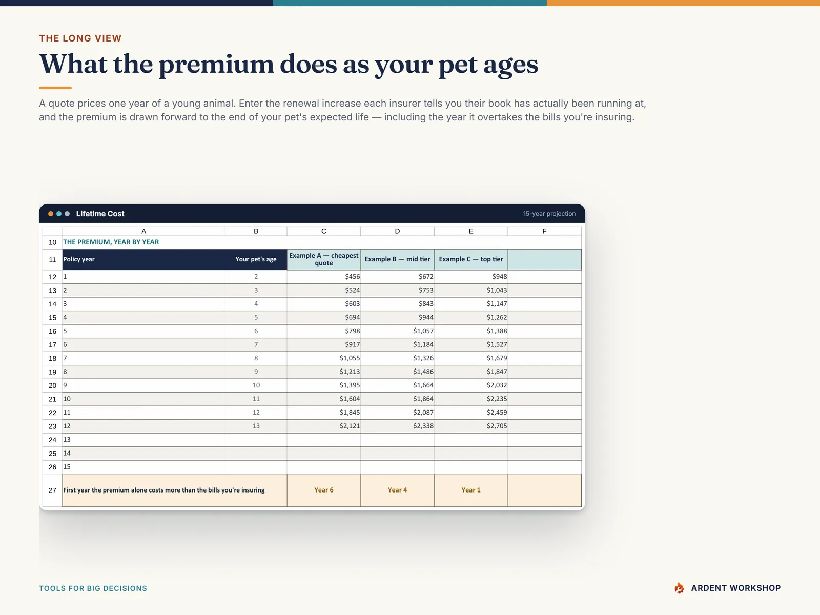 The Lifetime Cost tab projecting each plan's premium year by year, and the year it overtakes the bills being insured