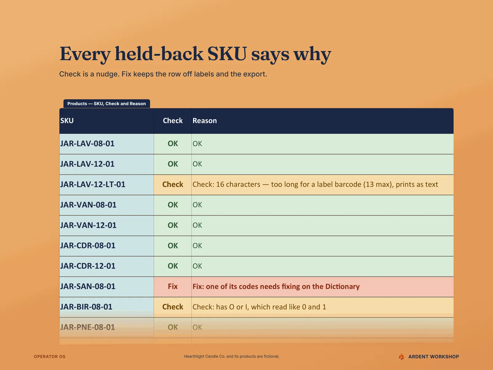 Every held-back SKU says why - the Products SKU, Check and Reason columns, with rows marked Check or Fix and their plain-English Reason
