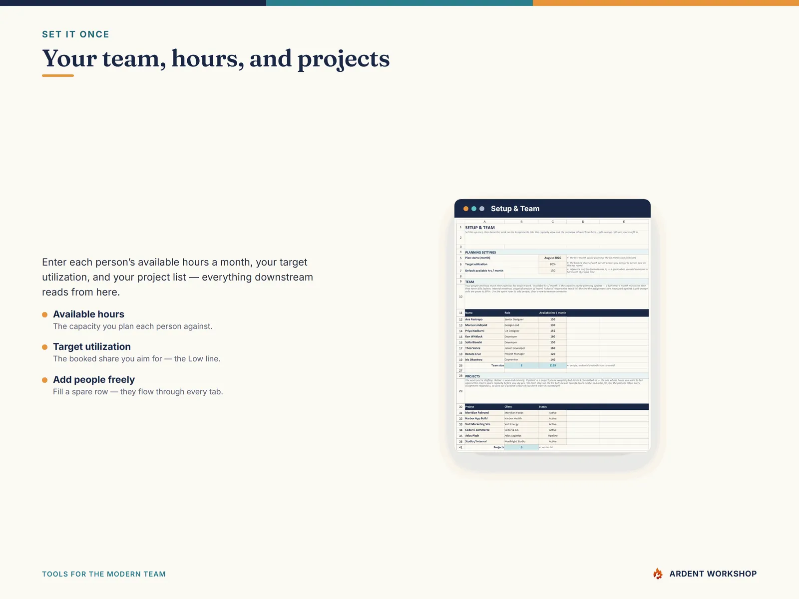 Setup & Team — each person's available hours, your target utilization, and the project list