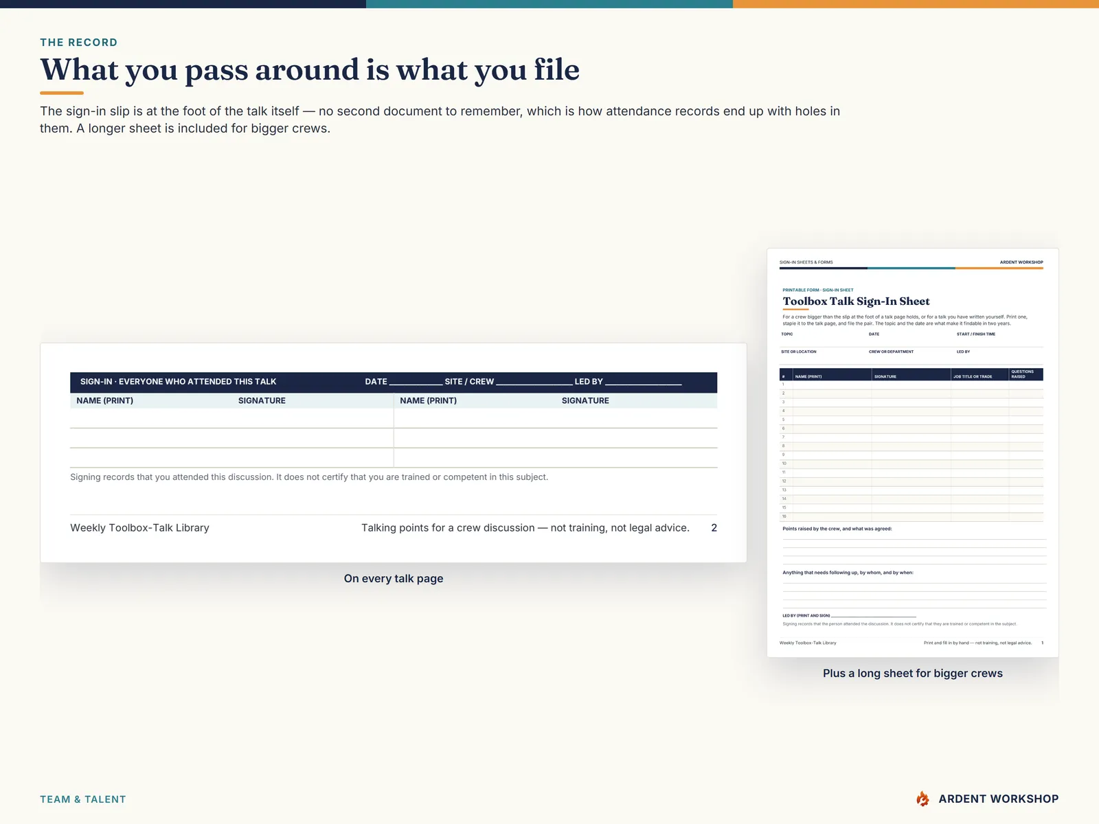 The sign-in slip at the foot of every talk page, plus the longer printable sign-in sheet for bigger crews