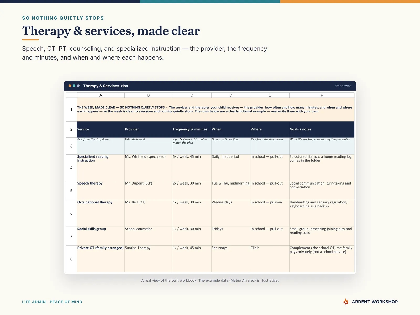IEP Records & Care Binder — the Therapy & Services tab tracking speech, OT, PT, and counseling with frequency and minutes