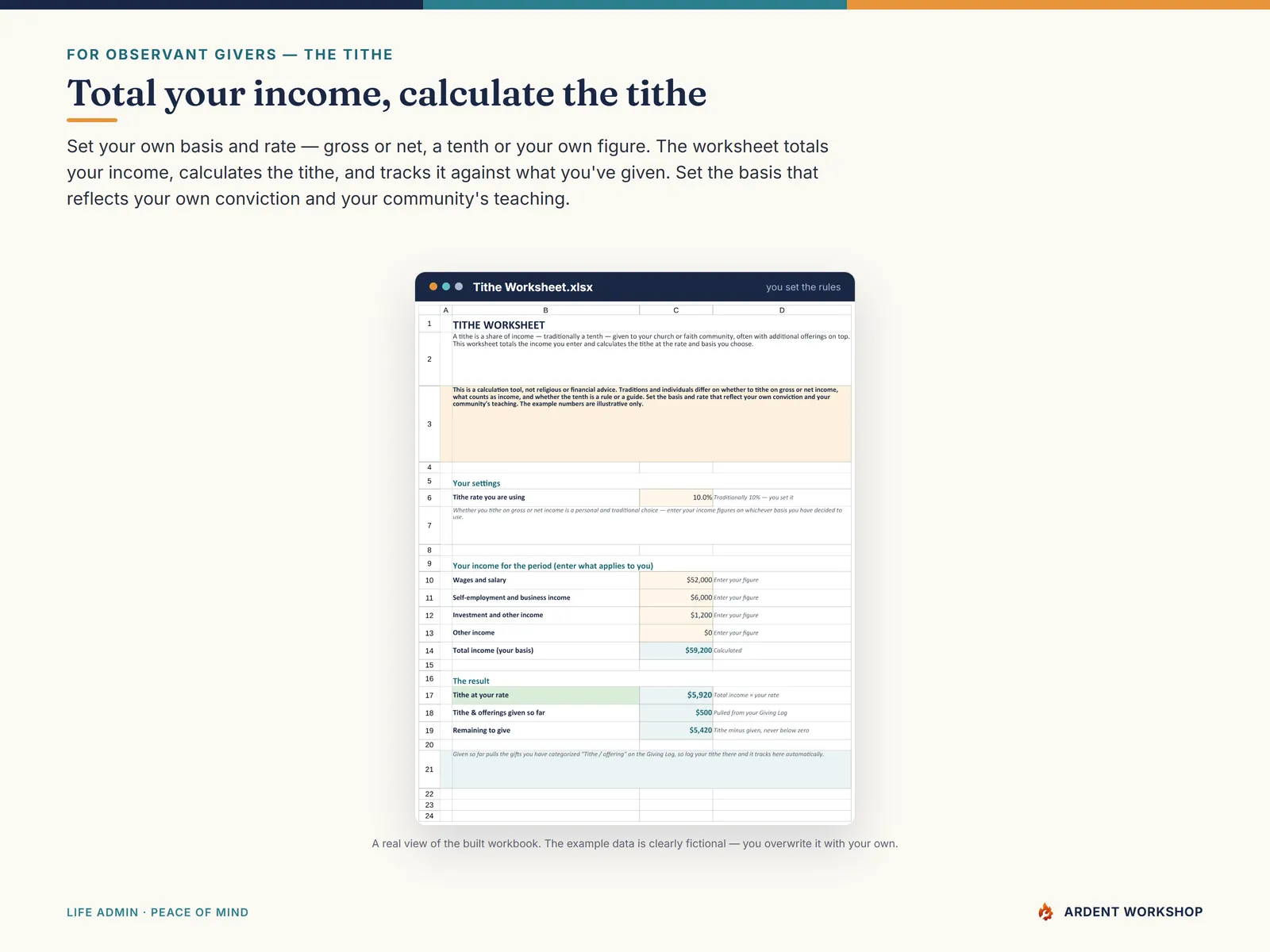 Tithe Worksheet — set your own basis and rate; it totals your income and calculates the tithe