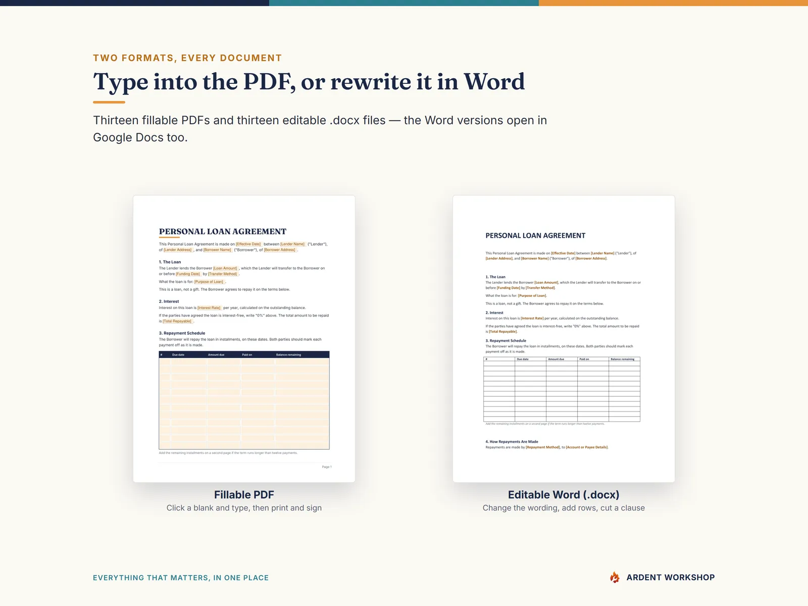 Two formats for every document — a fillable PDF and an editable Word file
