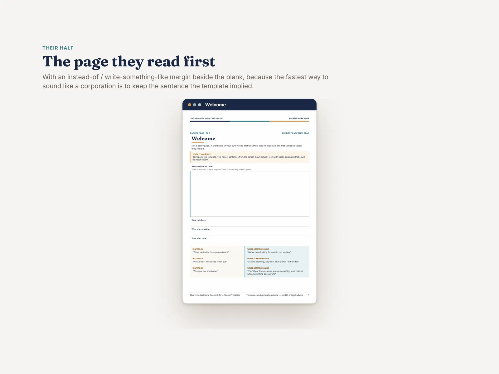 The welcome page the new hire reads first, with an instead-of and write-something-like pair below the blank