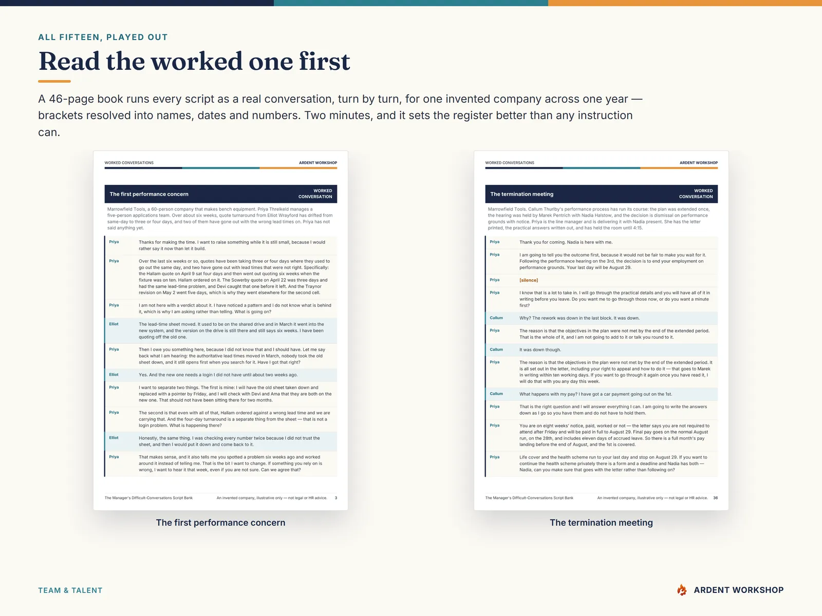 Two worked conversations played out turn by turn — a first performance concern and a termination meeting