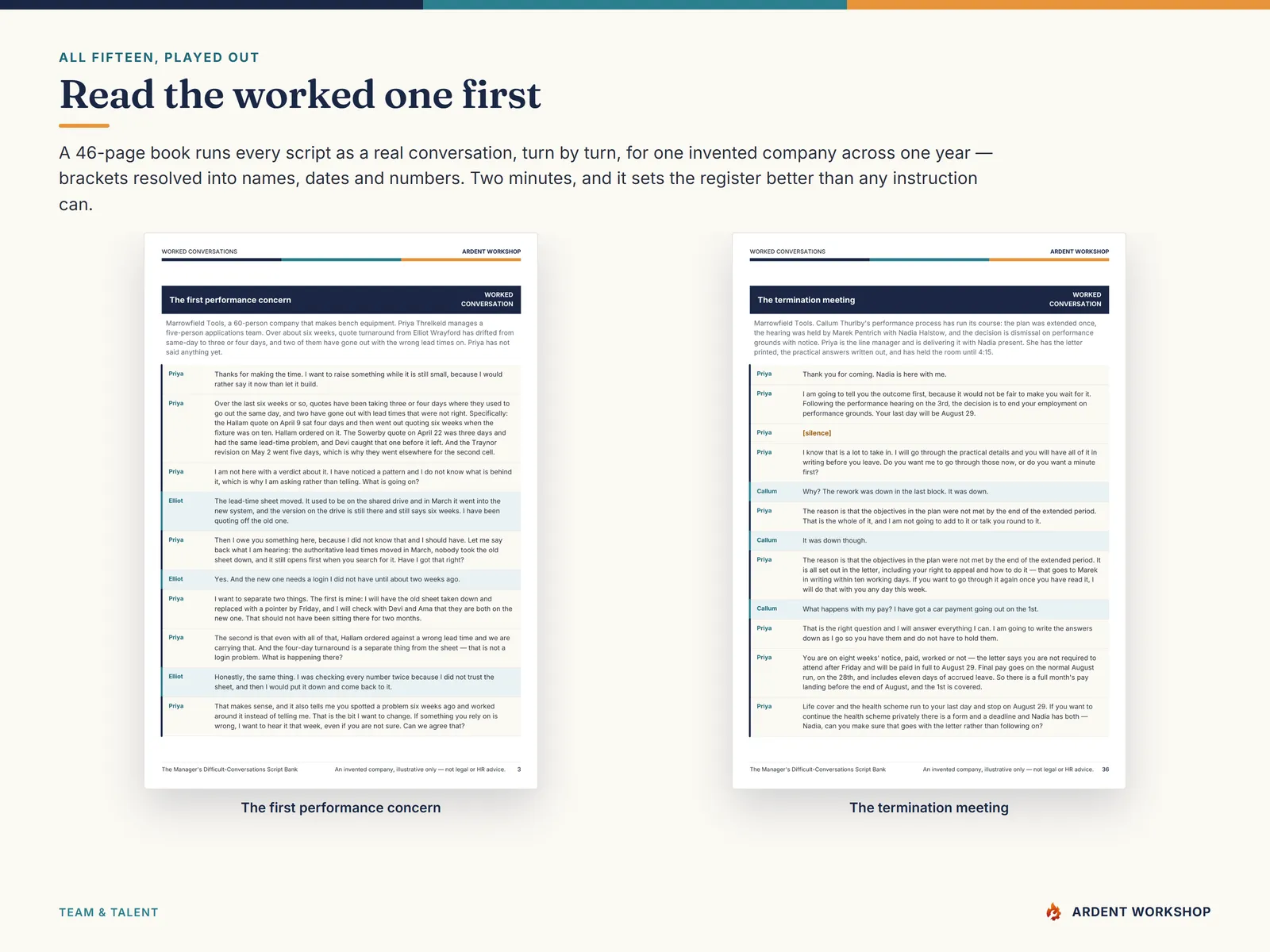 Two worked conversations played out turn by turn — a first performance concern and a termination meeting