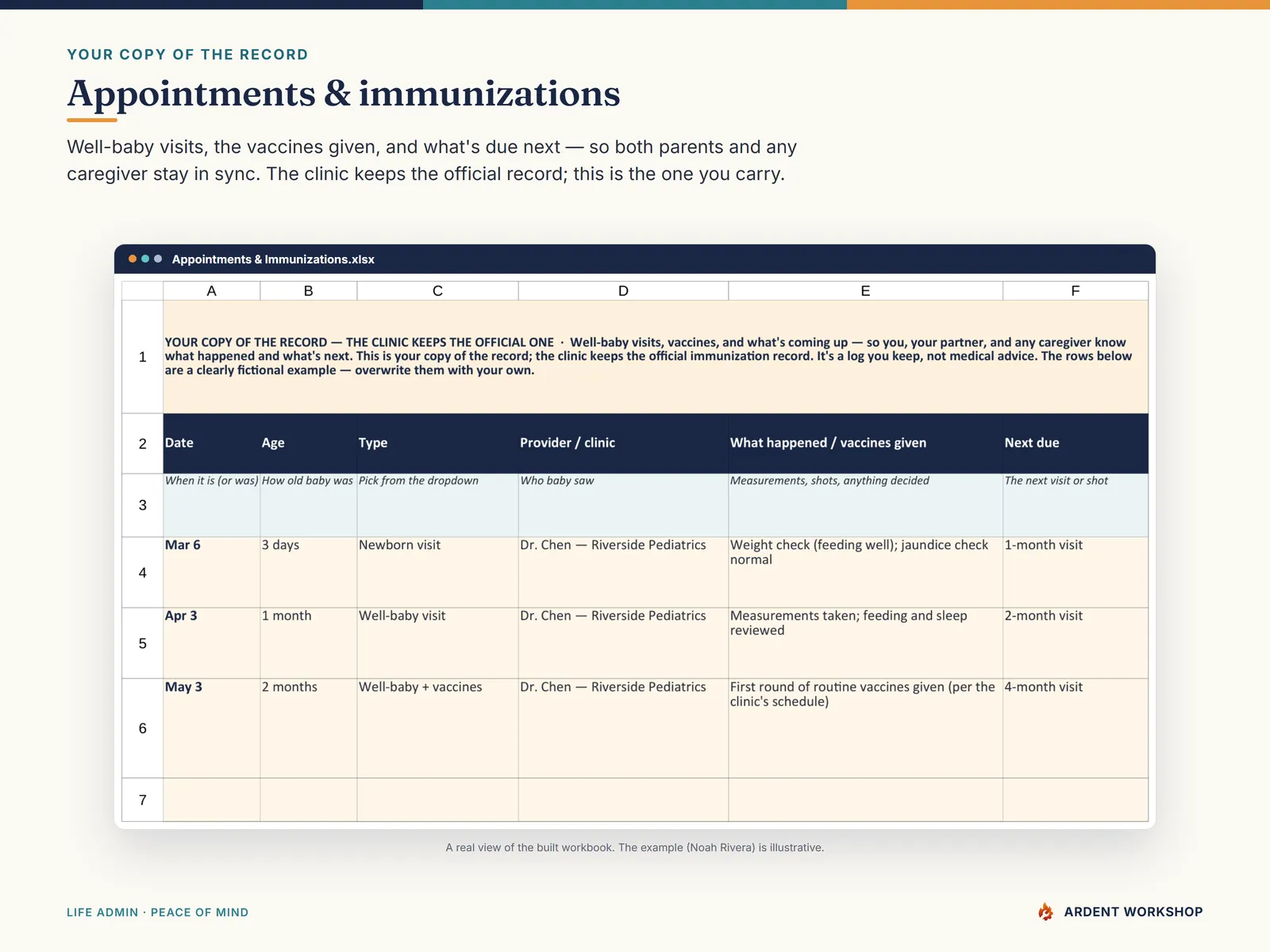 New-Baby Records Binder — the Appointments & Immunizations tab, your copy of well-baby visits and vaccines given