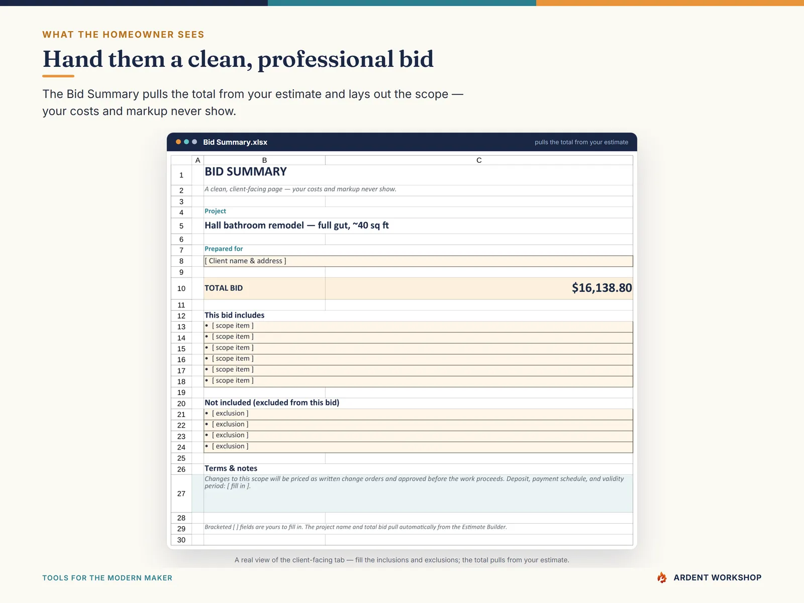 Contractor & Trades Estimating Workbook — the client-facing bid summary