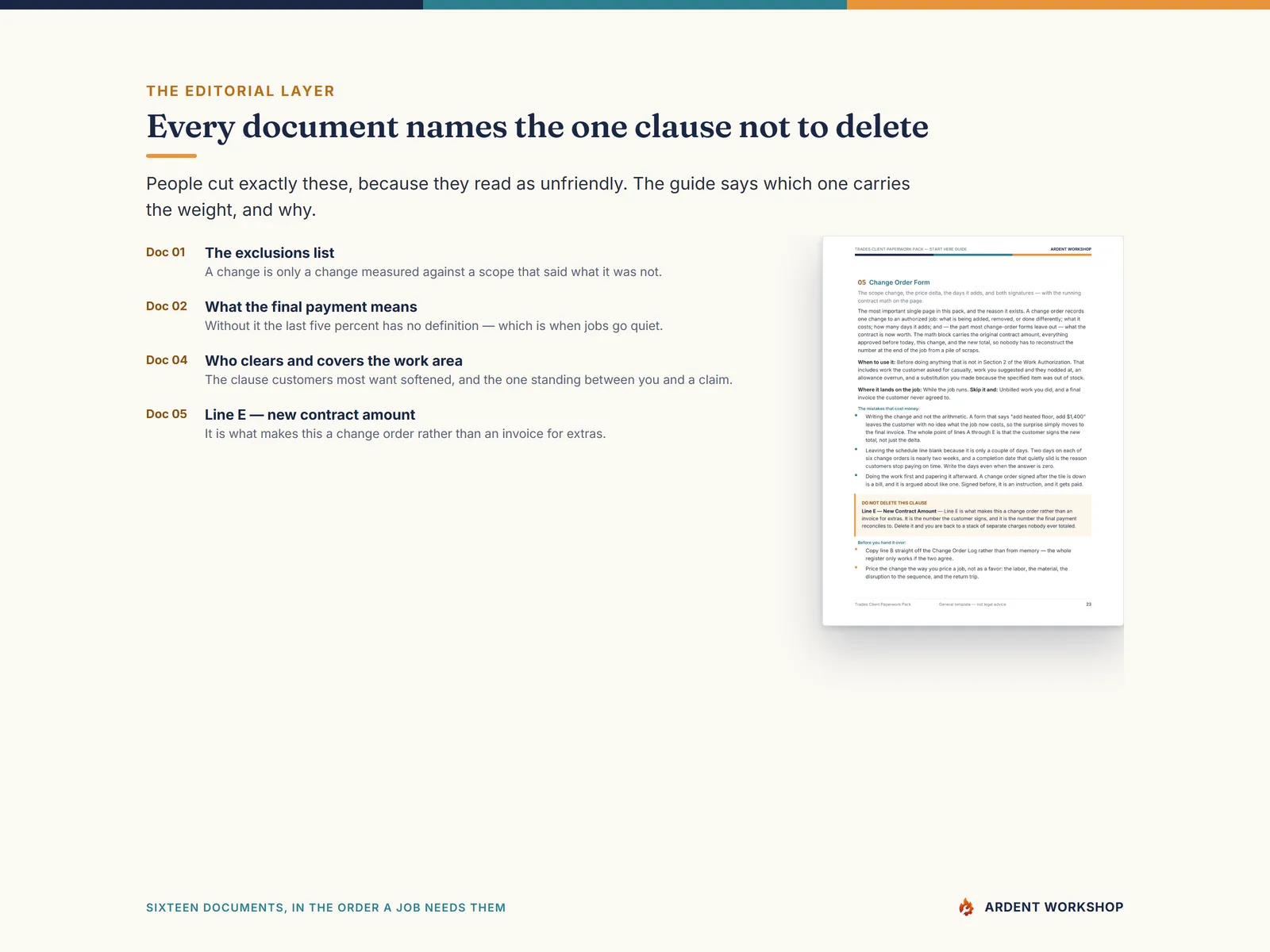 Every document names the one clause not to delete, and why