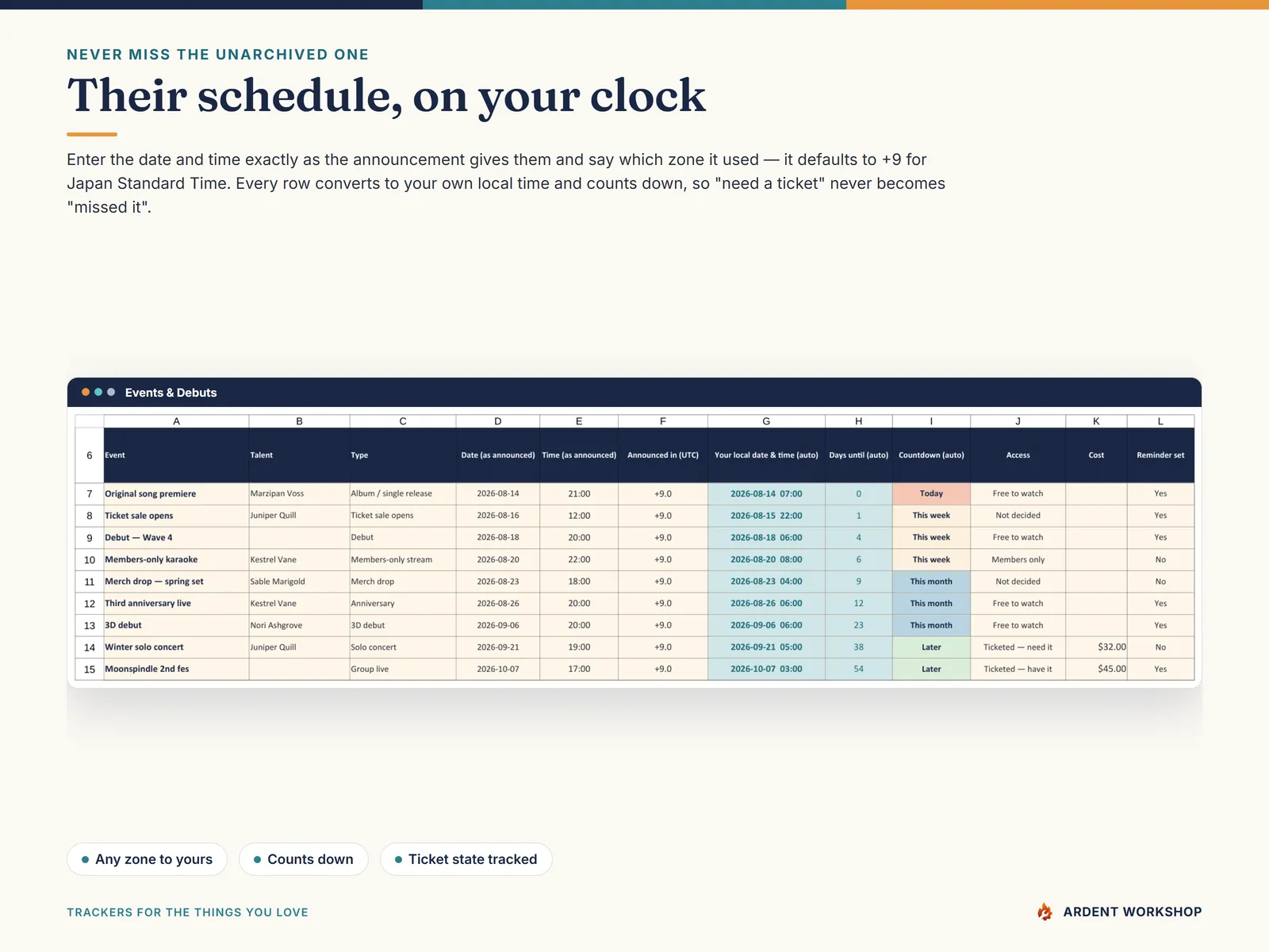 The Events and Debuts tab converts each announcement time to your own local clock and counts down, with a ticket state for each event