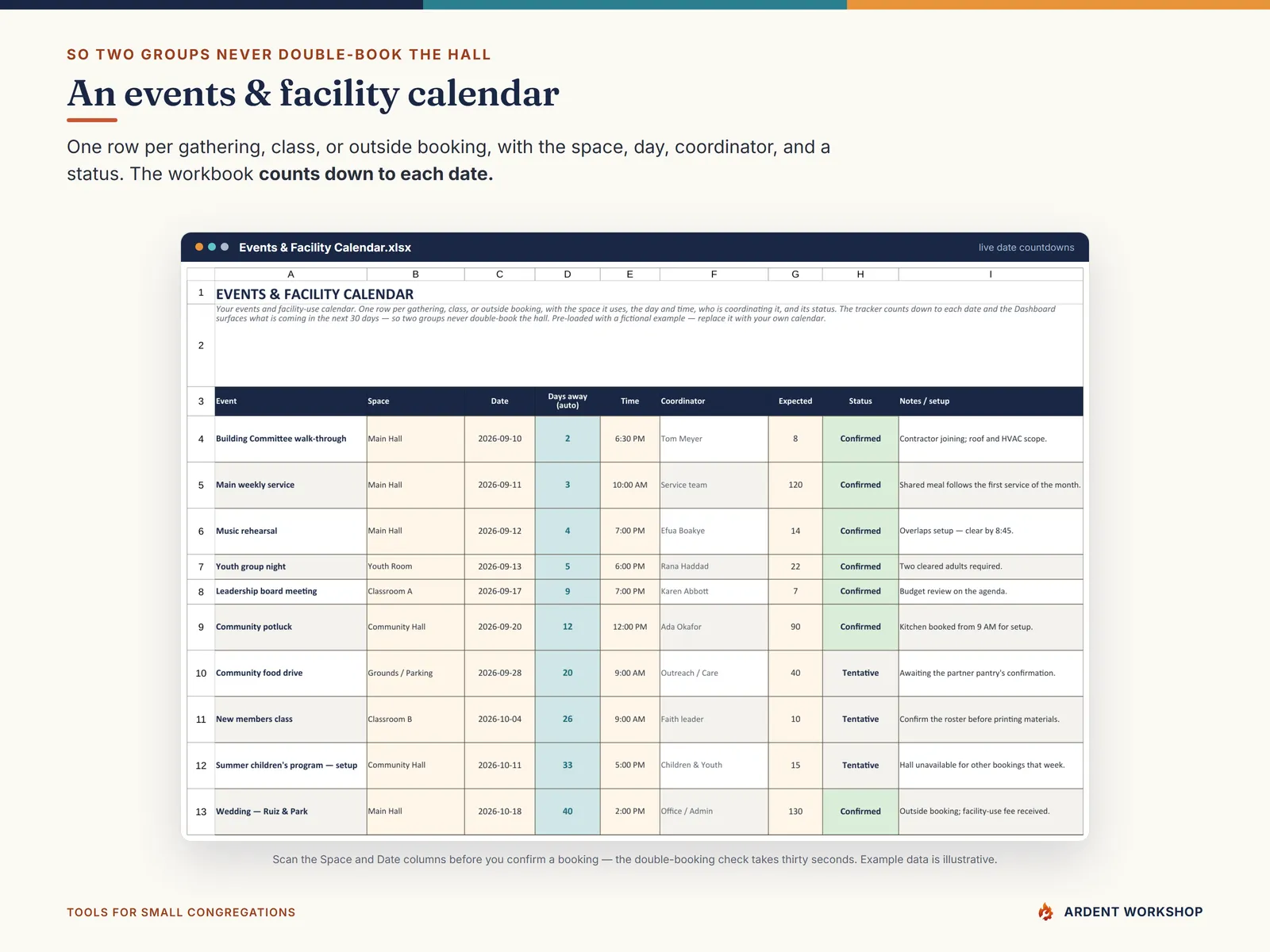 The Events & Facility Calendar tab with live date countdowns so two groups never double-book the hall