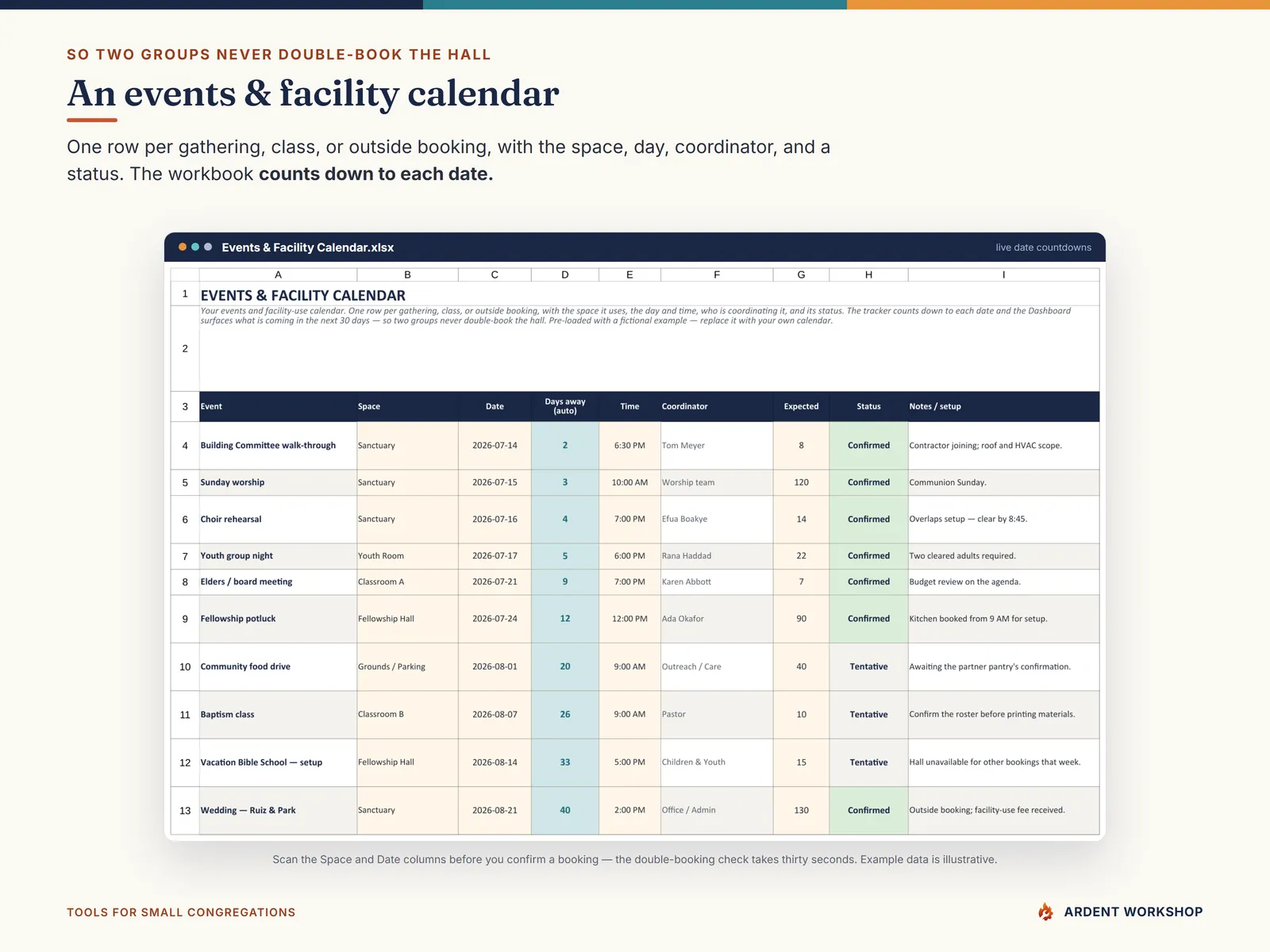 The Events & Facility Calendar tab with live date countdowns so two groups never double-book the hall