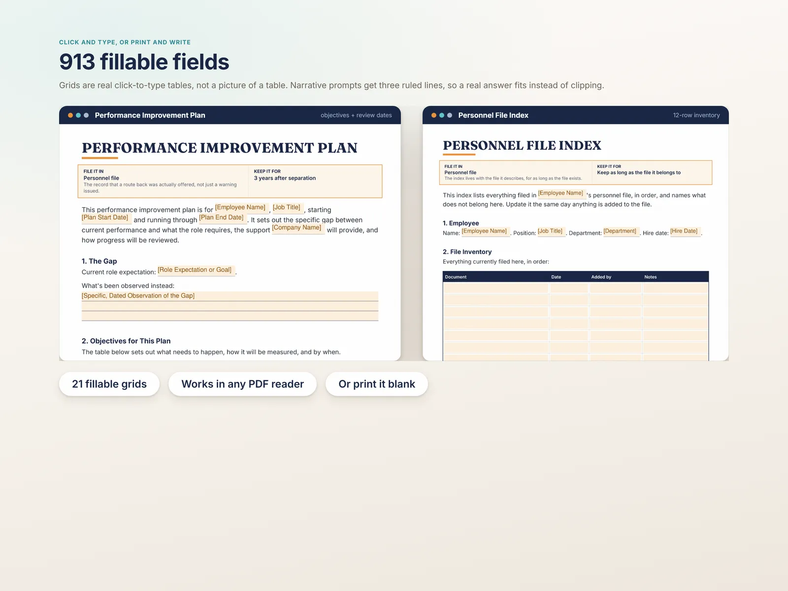 913 click-to-type fields including real fillable tables on the performance improvement plan and the personnel file index