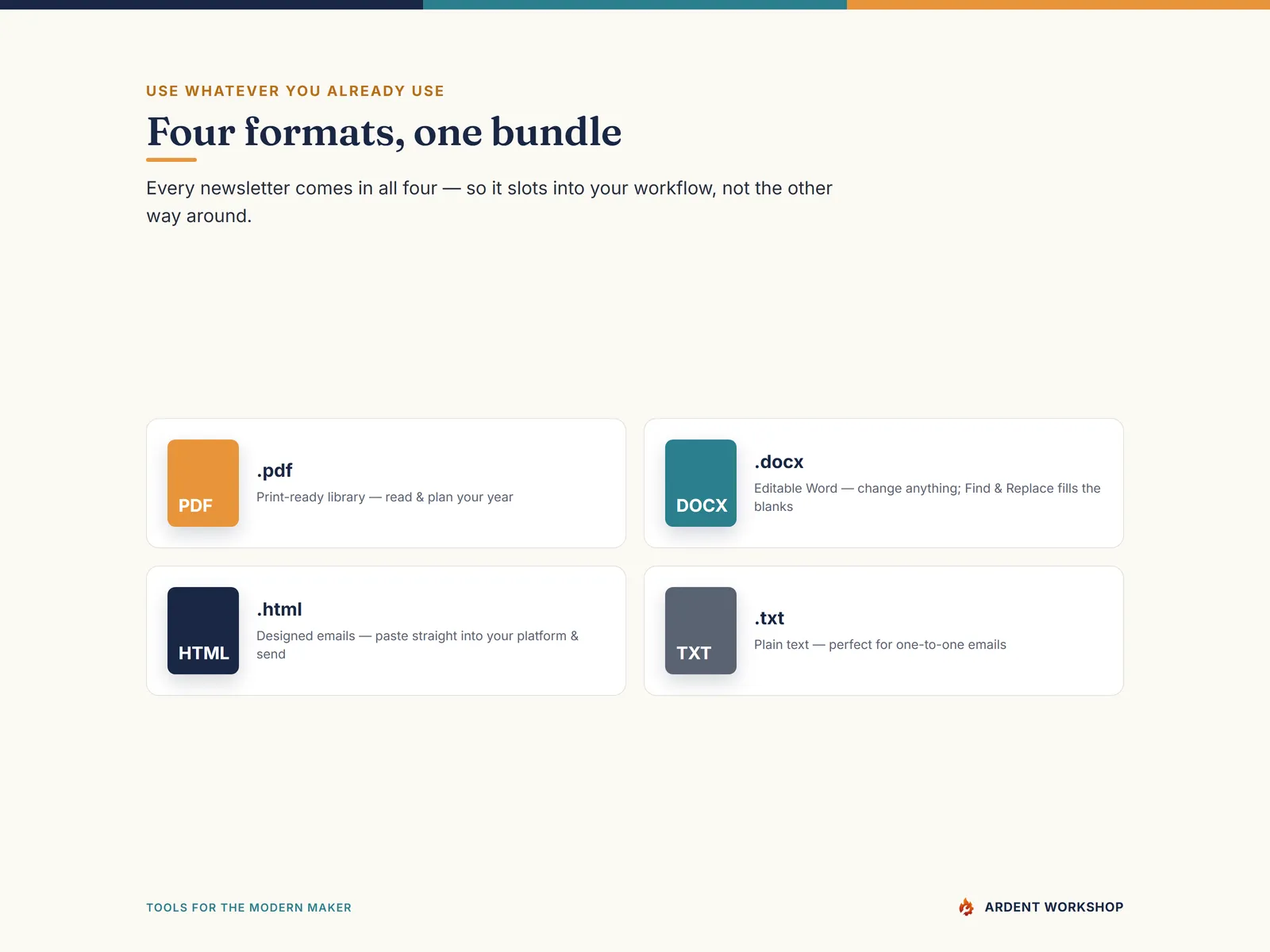Maker's Newsletter Year — four formats: PDF, Word, HTML and plain text
