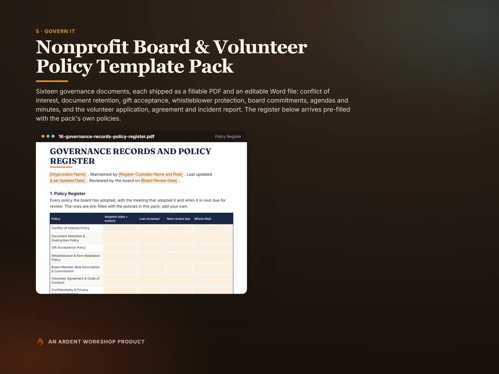 Nonprofit Board & Volunteer Policy Template Pack — the governance records and policy register, pre-filled with the pack's own policies