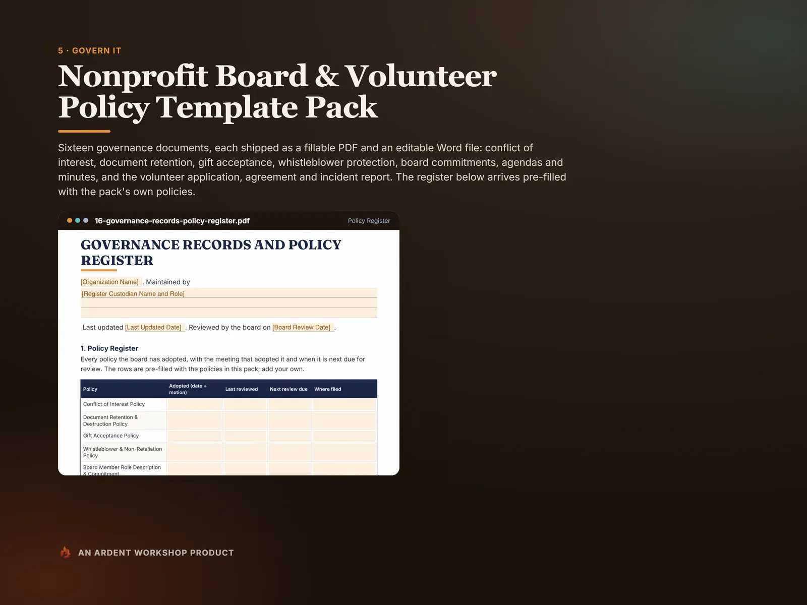 Nonprofit Board & Volunteer Policy Template Pack — the governance records and policy register, pre-filled with the pack's own policies