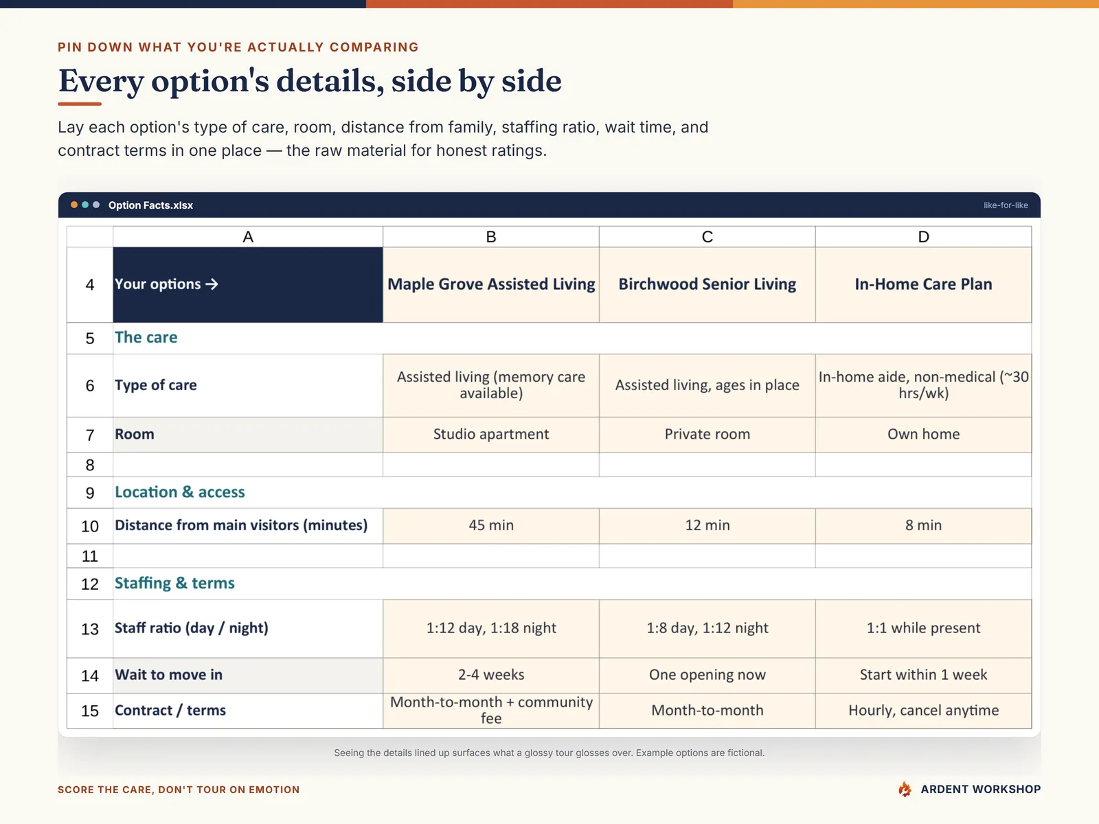 The Option Facts tab comparing each care option's details side by side