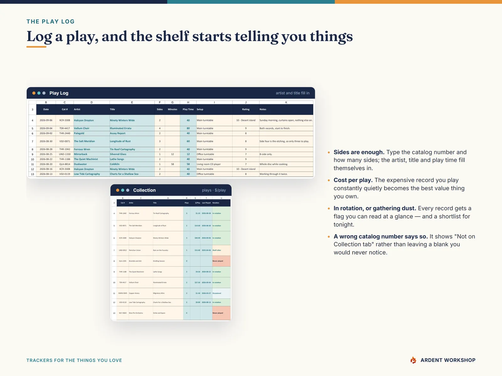 Play Log tab where a catalog number resolves the artist and title and sides become play time