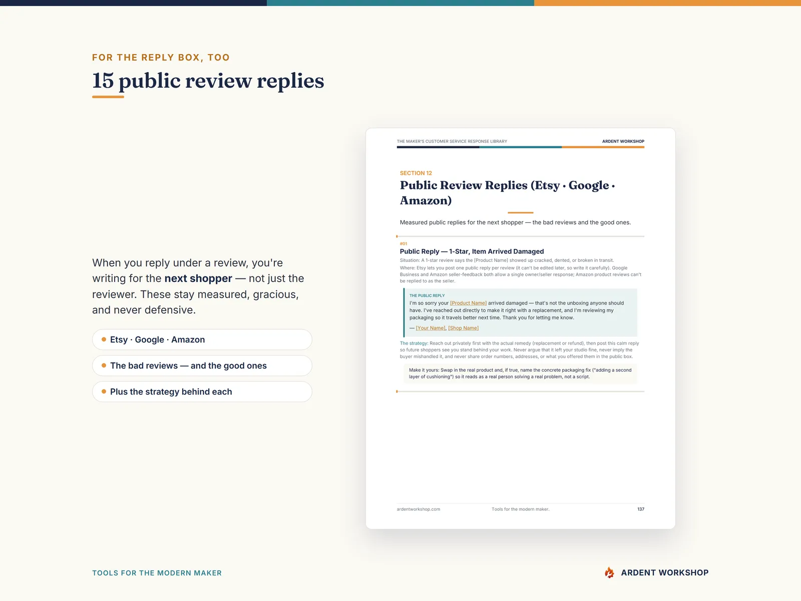 Maker's Customer Service Response Library — 15 public review replies for Etsy, Google & Amazon