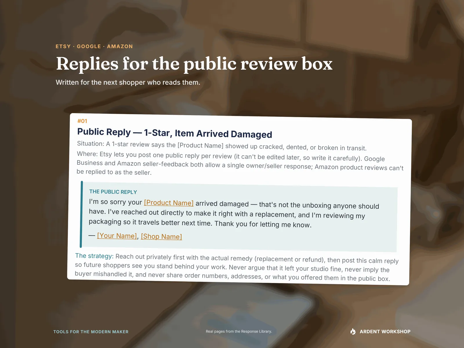 Maker's Customer Service Response Library — a real public review reply, "Public Reply — 1-Star, Item Arrived Damaged", for Etsy, Google & Amazon, with its strategy note: reach out privately first, then post a calm reply so future shoppers see you stand behind your work