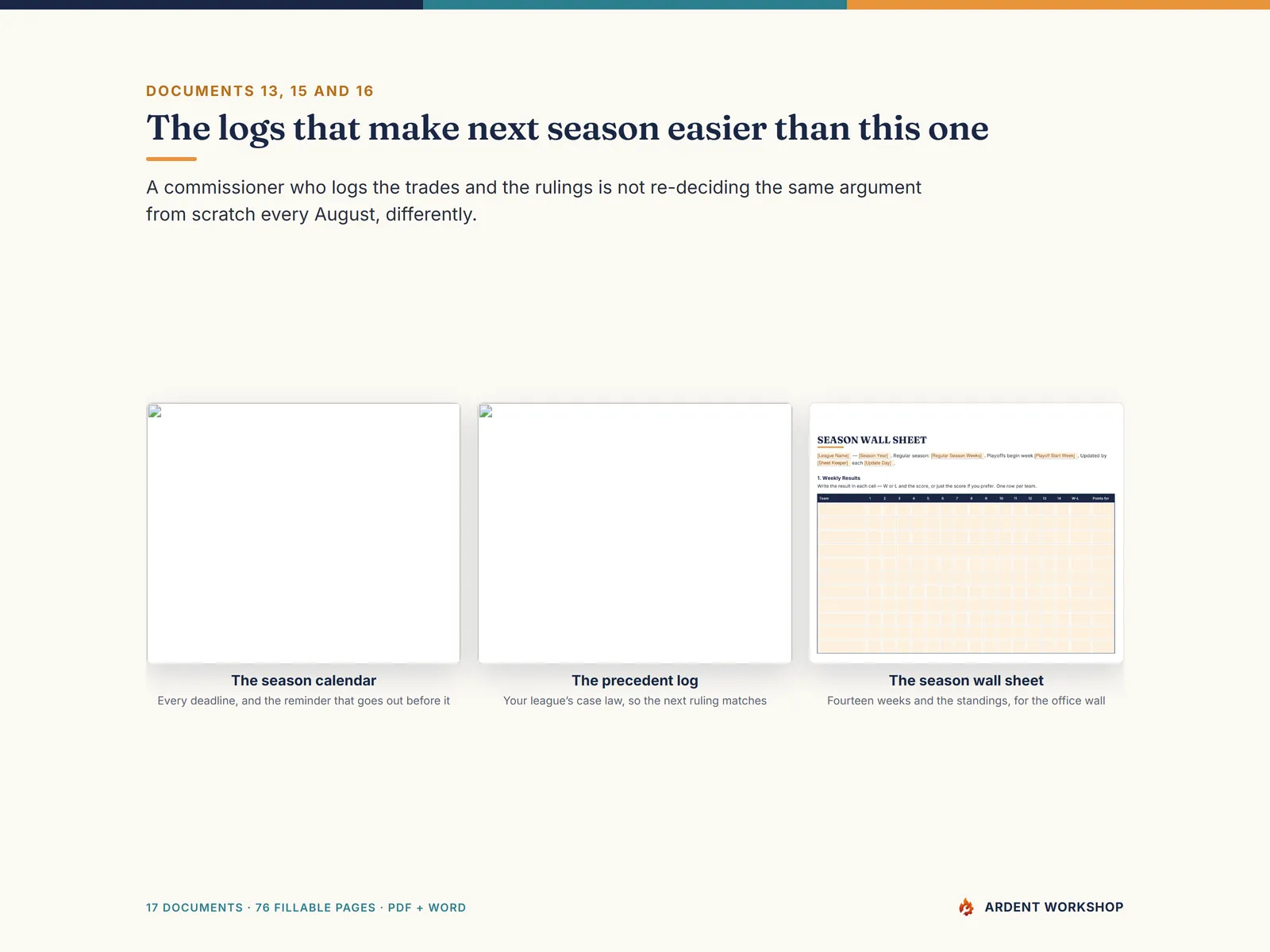The season calendar, the precedent log, and the season wall sheet