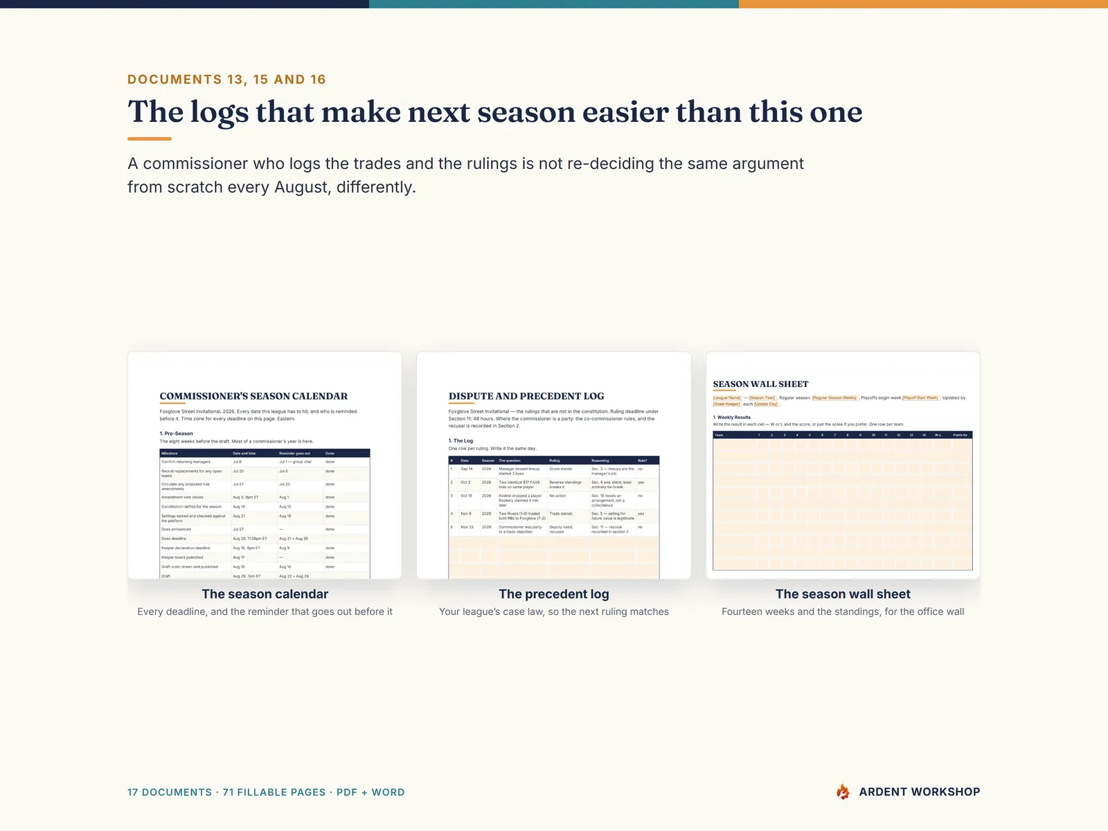 The season calendar, the precedent log, and the season wall sheet