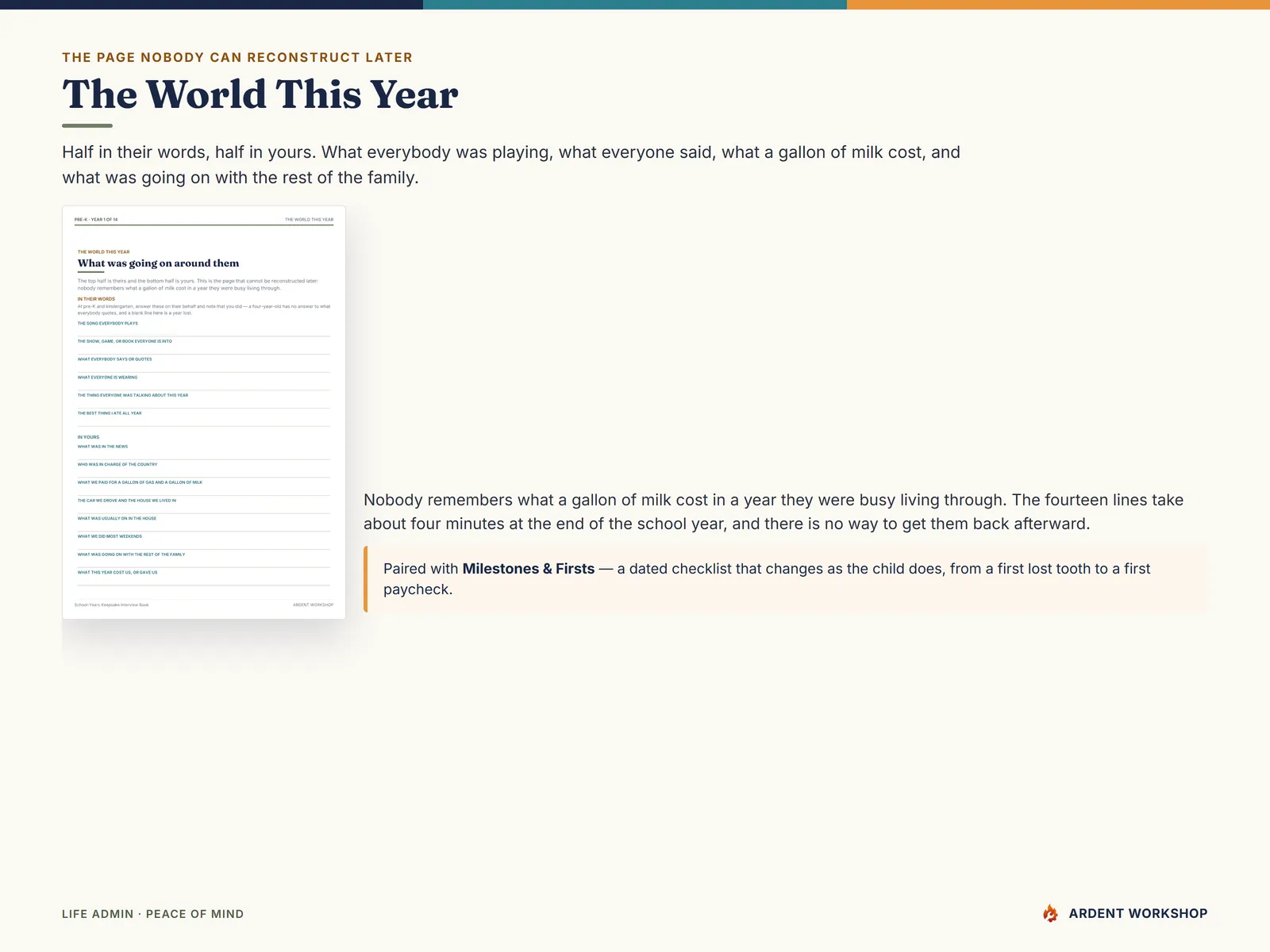 The World This Year page — half in the child's words and half in the parent's, recording what was going on around them