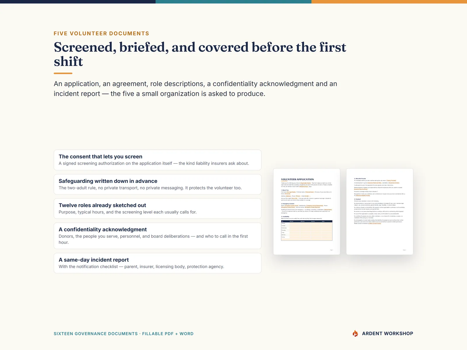 Five volunteer documents — application with screening consent, agreement with safeguarding boundaries, role descriptions, confidentiality, incident report