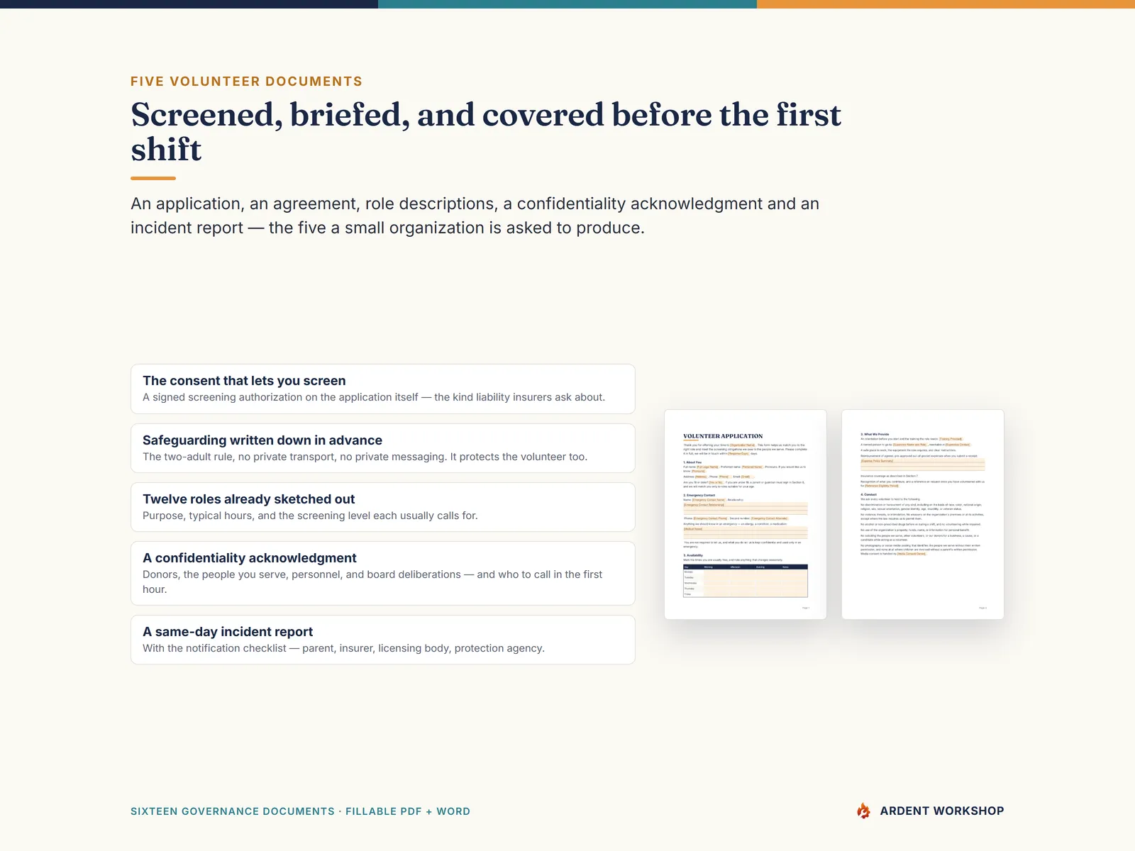 Five volunteer documents — application with screening consent, agreement with safeguarding boundaries, role descriptions, confidentiality, incident report