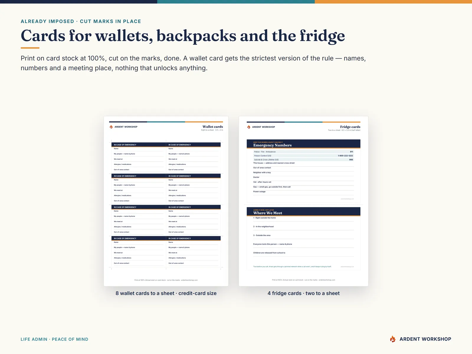 The wallet card sheet with eight cards and cut marks, beside a half-page fridge card sheet