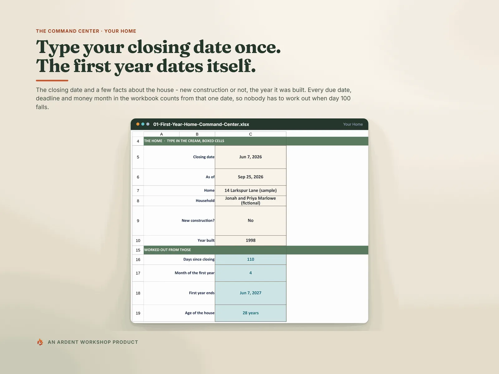 Your Home — closing date, new construction and year built, and what it works out: days since closing, month of the first year, when the year ends and the house's age