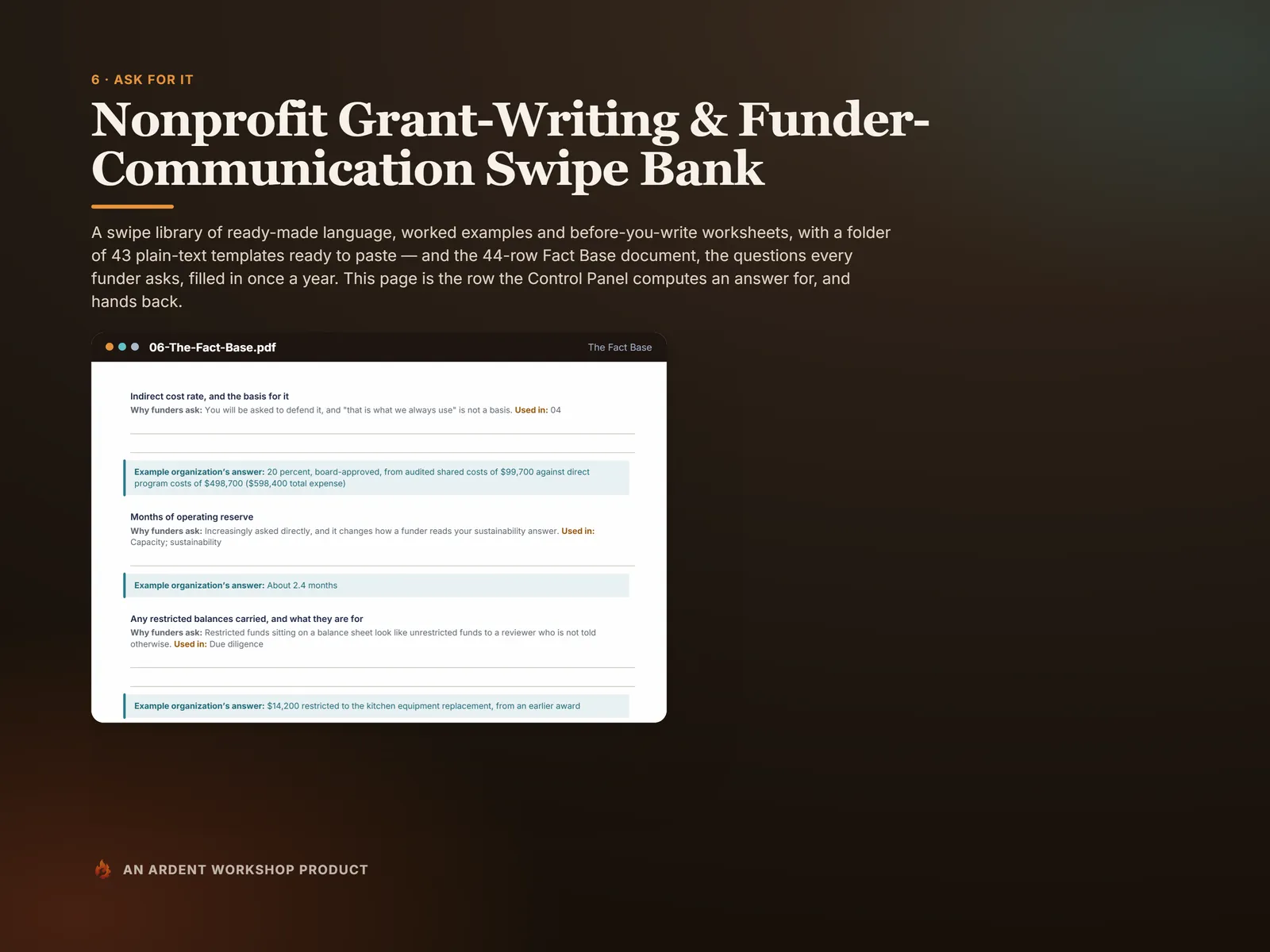 Nonprofit Grant-Writing & Funder-Communication Swipe Bank — the Fact Base row asking for your indirect cost rate and its basis