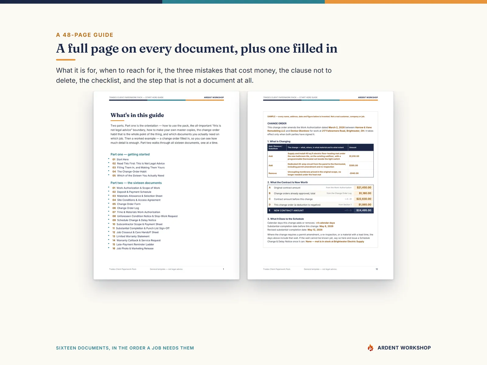 A 48-page plain-language guide with a full page on each of the sixteen documents, plus a worked change order