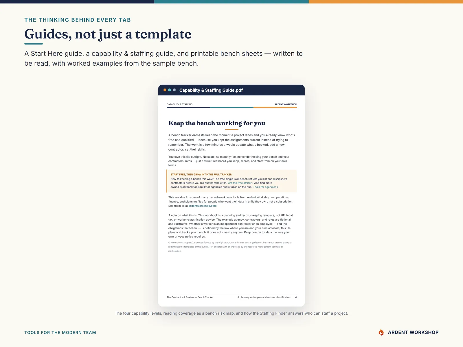 Three PDF guides on building a bench, mapping capability, and the staffing finder