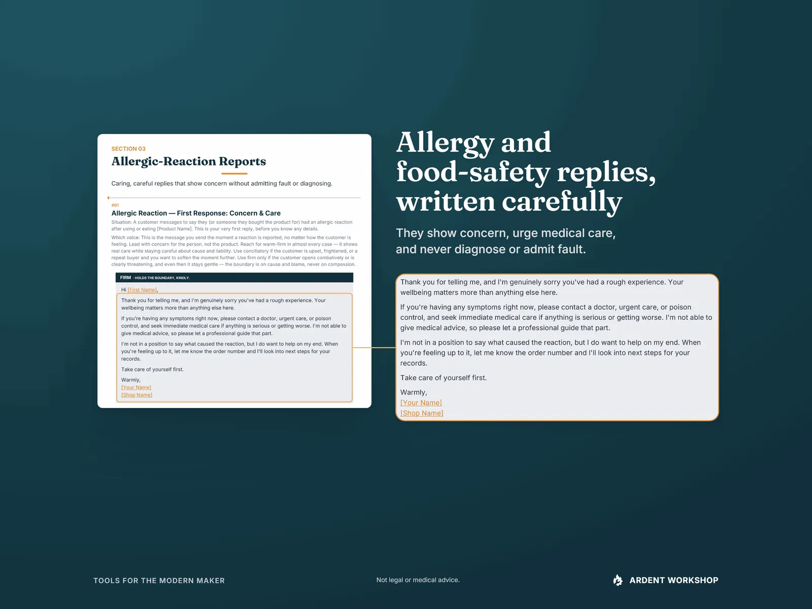 Maker's Customer Service Response Library — the allergic-reaction first response, its Firm reply magnified through the sign-off: it urges medical care and never diagnoses or admits fault