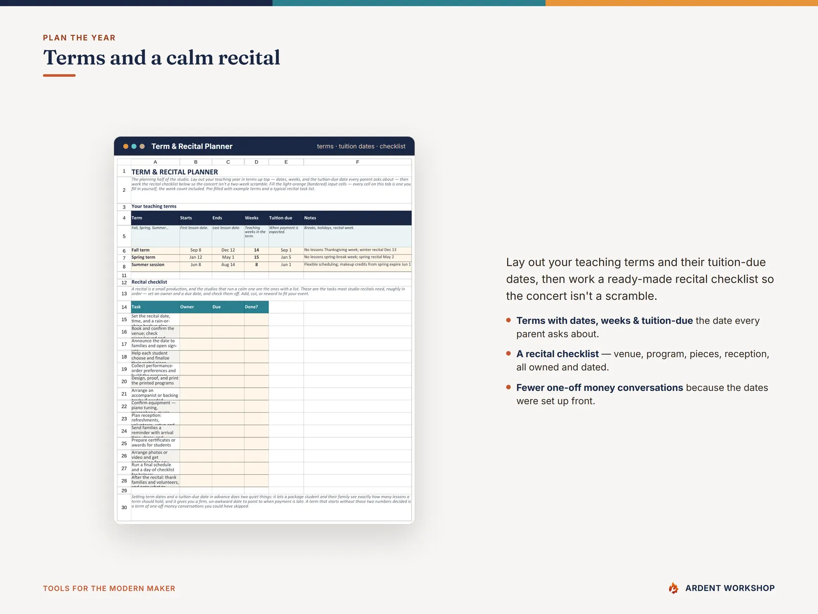 Term & Recital Planner tab — teaching terms with tuition-due dates and a ready-made recital checklist