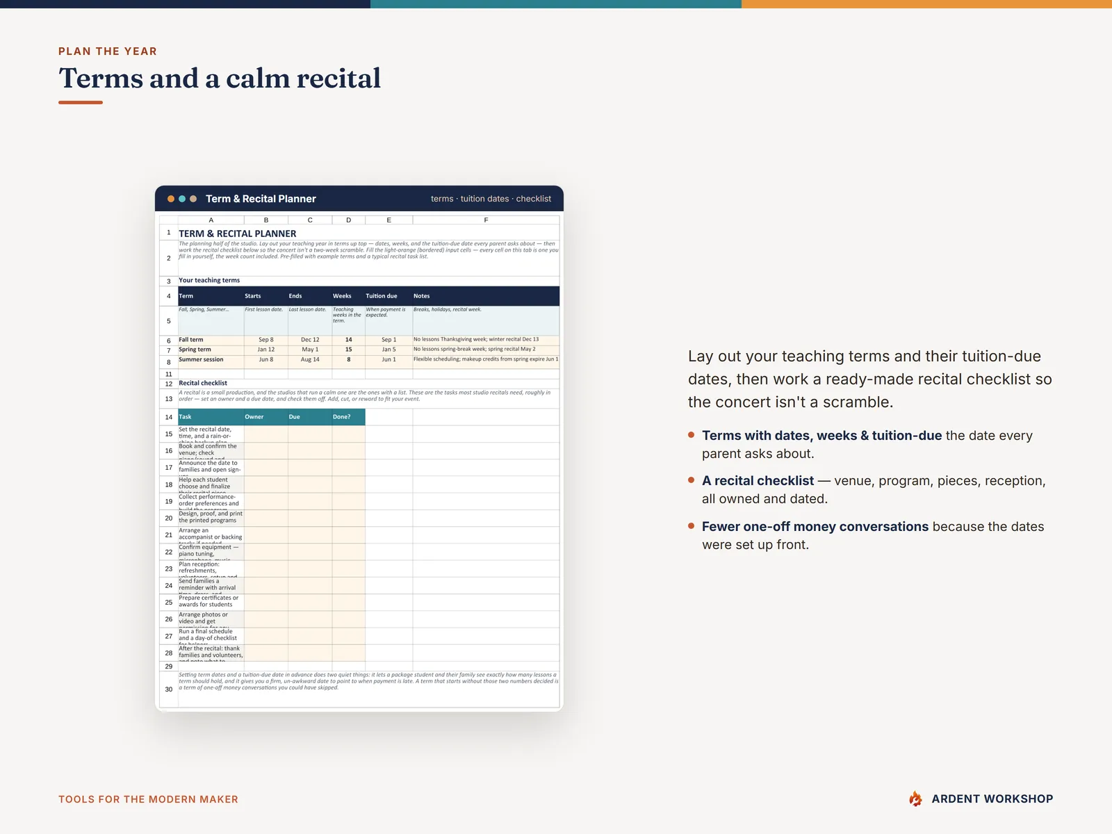 Term & Recital Planner tab — teaching terms with tuition-due dates and a ready-made recital checklist