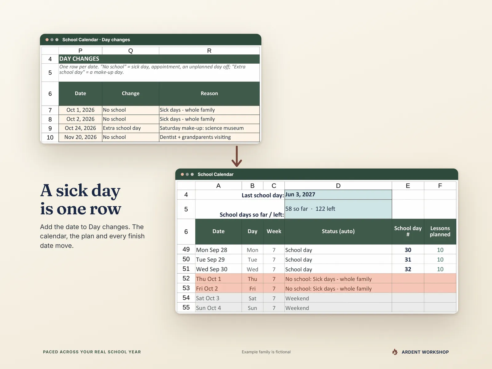 Homeschool Year Planner — one Day changes row for a sick day and the School Calendar rows it switched to No school